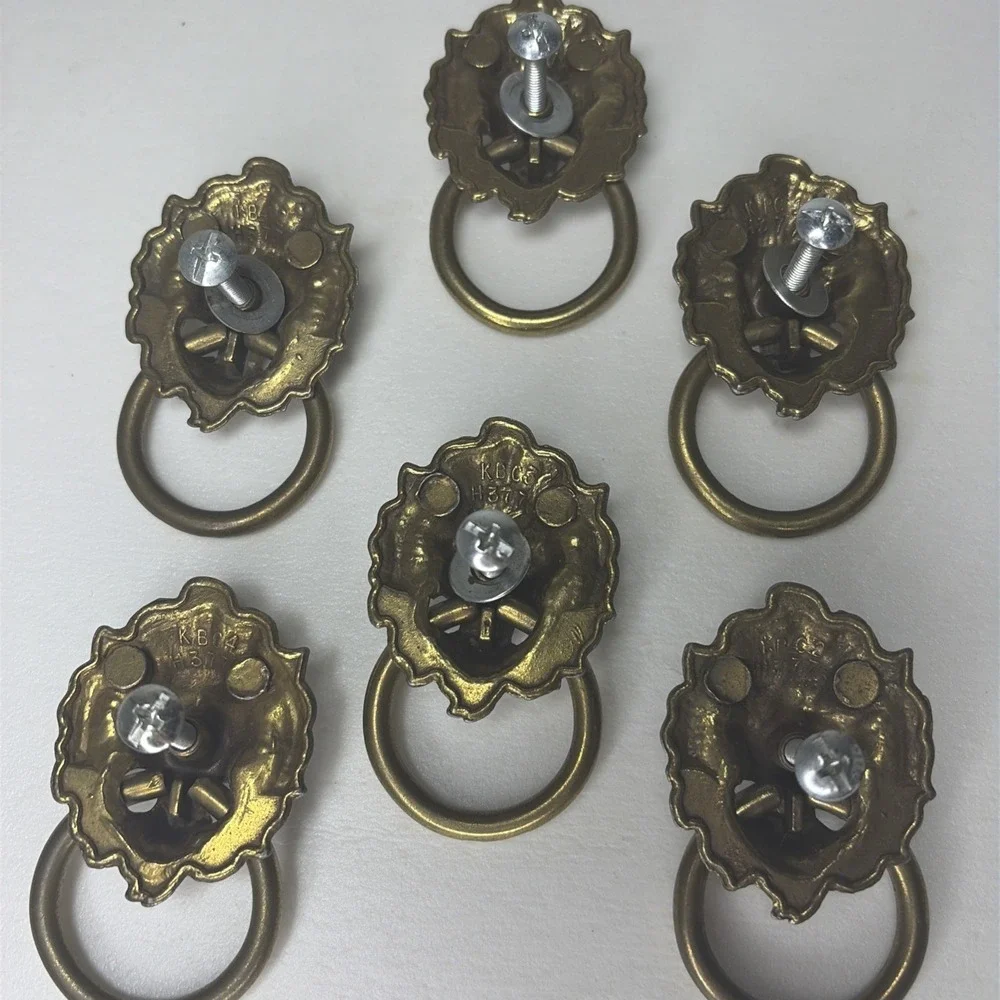 Set of 6 Solid Brass Lion Head Drawer Pulls Ring Handles Cabinet Hardware VNTG